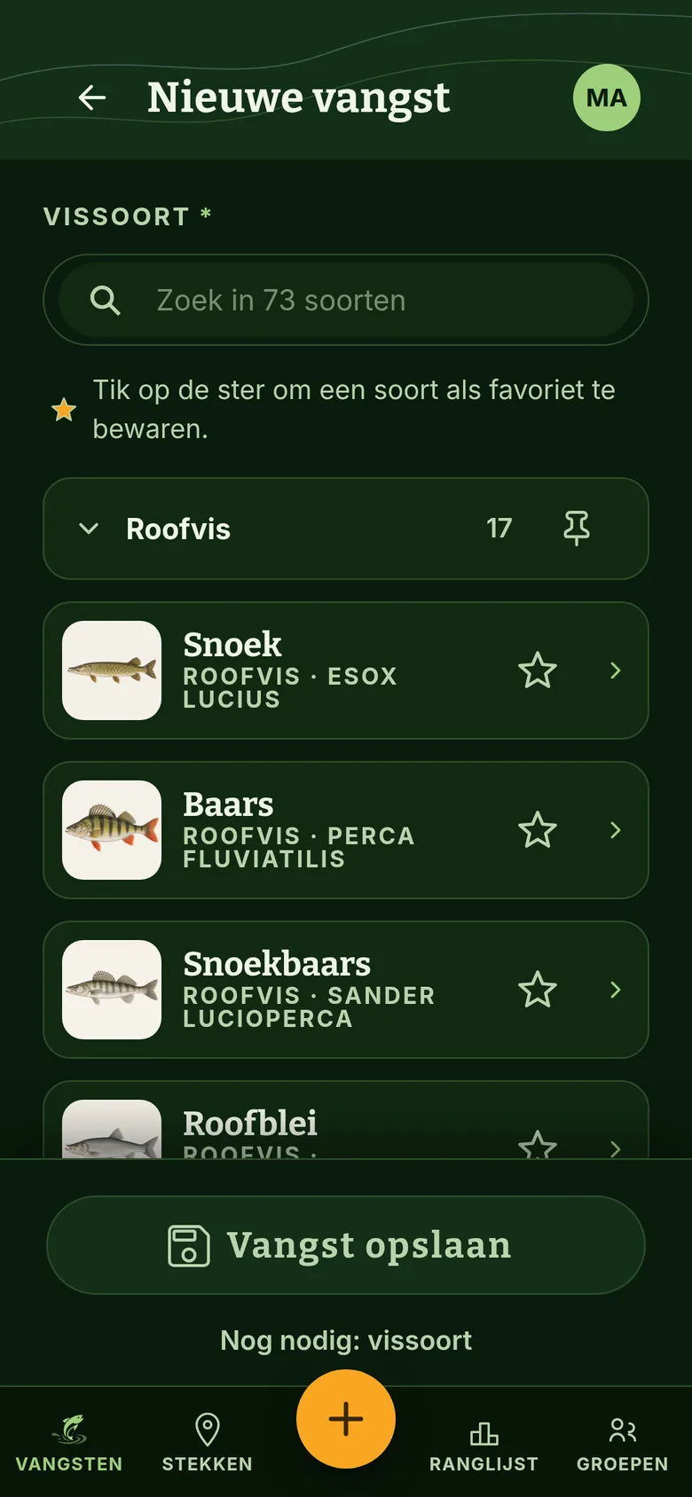 Het scherm Nieuwe vangst in Lurify met de zoekbalk voor de vissoort en de knop Vangst opslaan