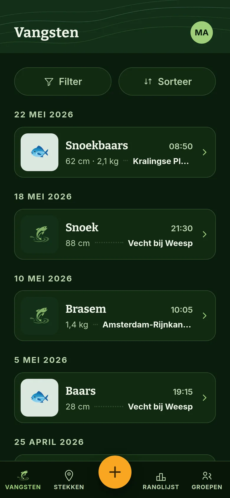 Vangstenlijst in Lurify met per regel de soort, de maat en de stek, gegroepeerd per datum