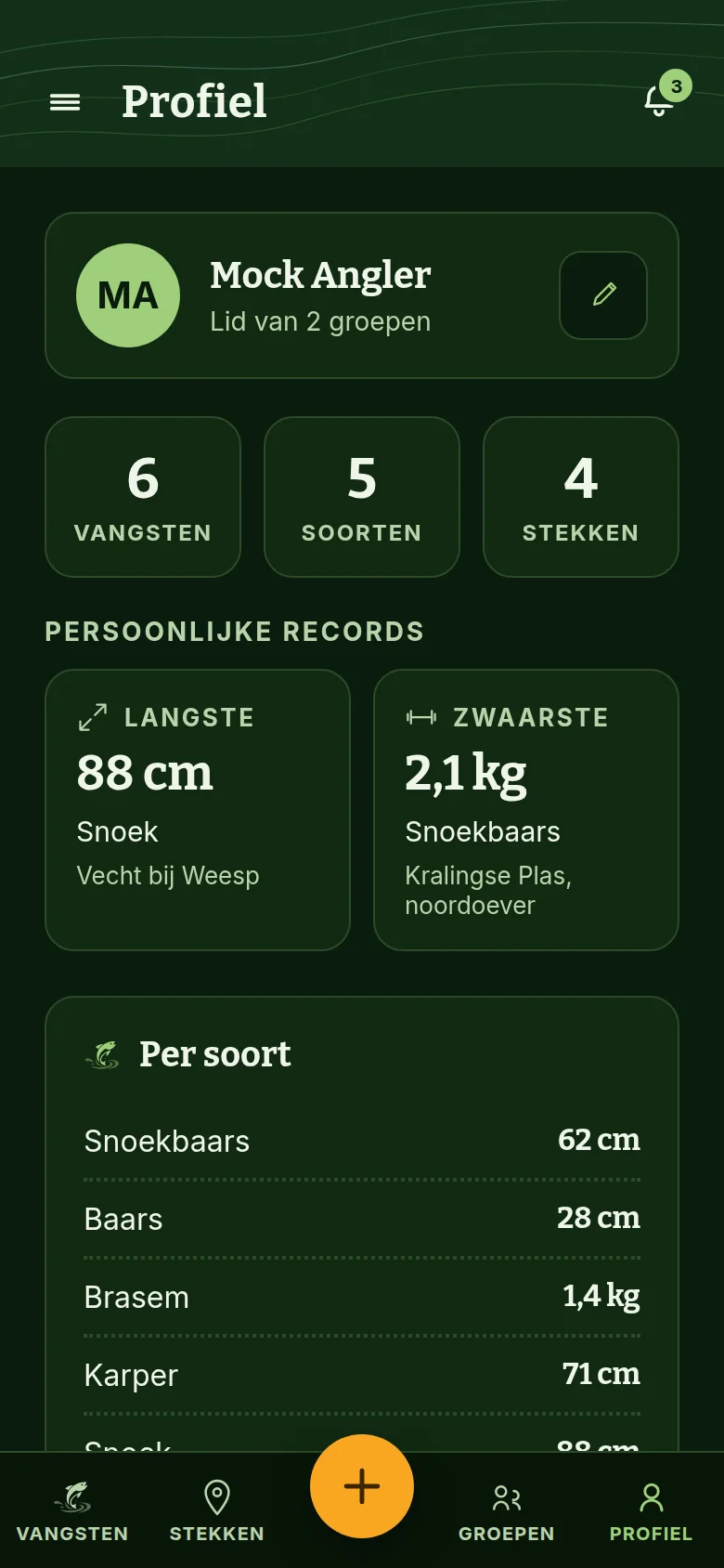 Het Profiel in Lurify met het aantal vangsten, soorten en stekken, de langste en zwaarste vangst en de lijst per soort