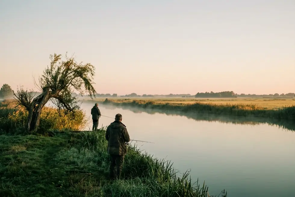 Twee vissers aan een Nederlandse kanaaloever in het gouden uur
