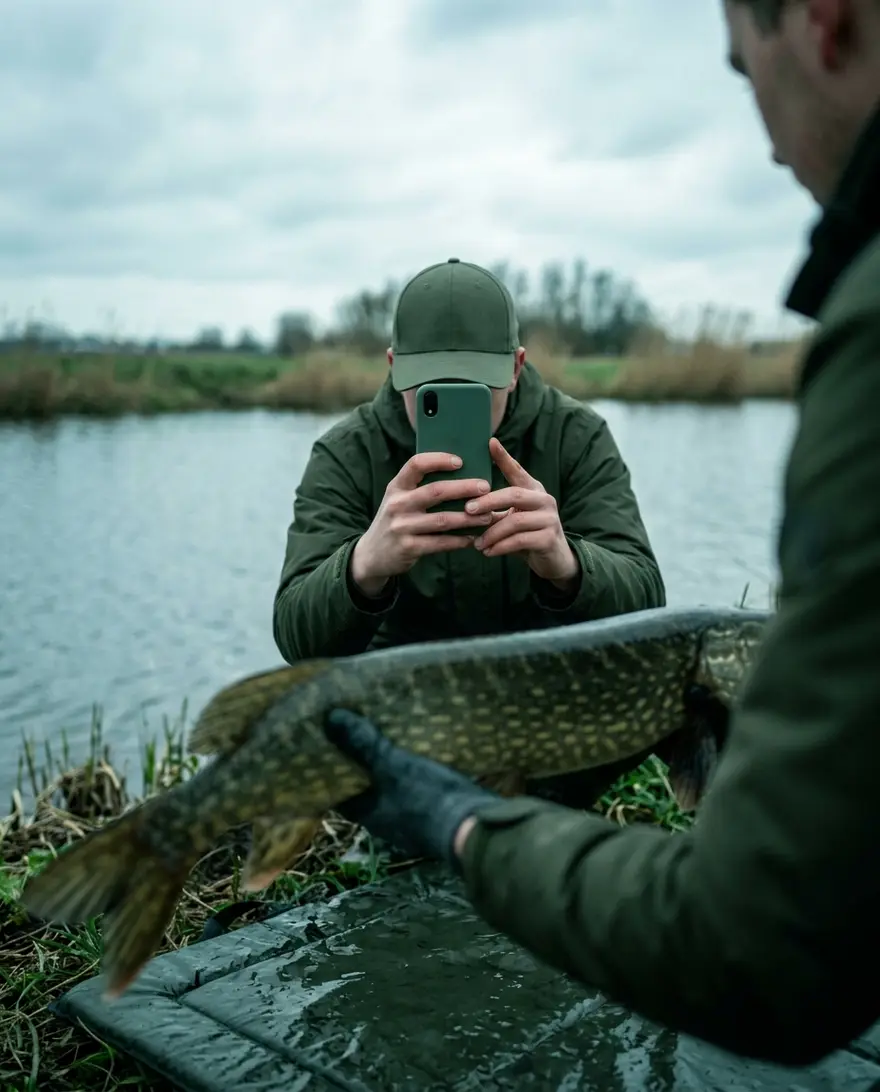 Een visser fotografeert de snoek die een andere visser vasthoudt