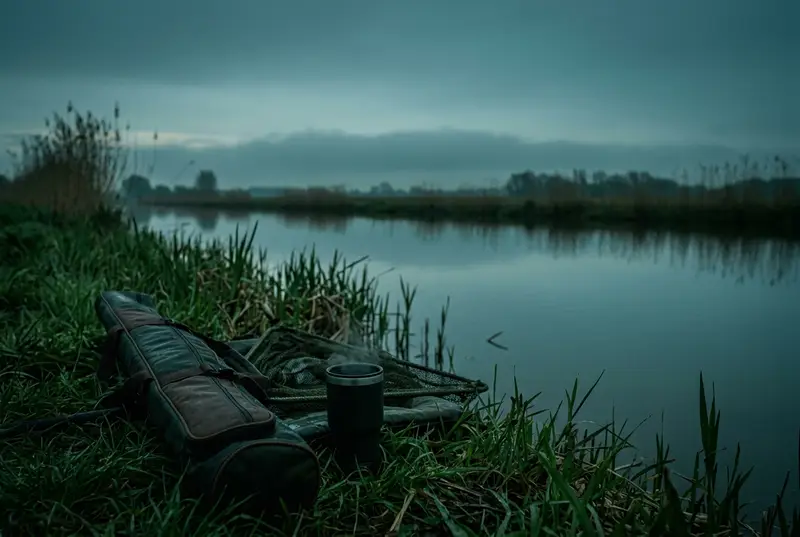 Foedraal, schepnet en een dampende beker op een kanaaloever voor zonsopgang