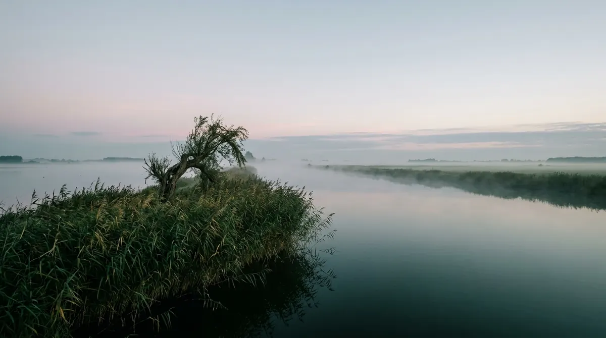 Mistige dageraad boven een Nederlandse polderplas, riet op de voorgrond